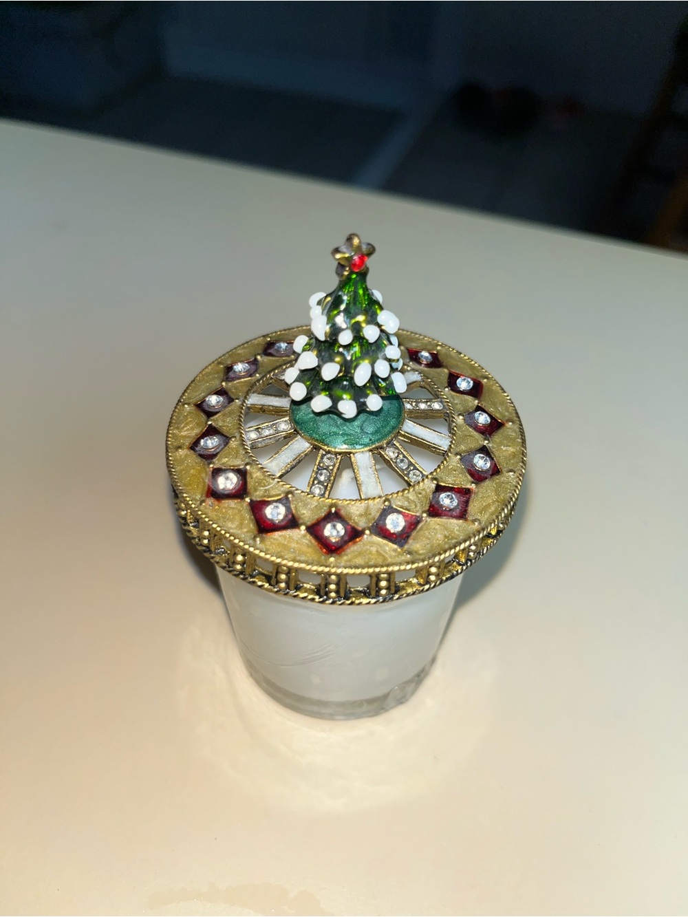 Vintage Style Jeweled Christmas Tree Candle Jar & Decorative Brass Lid | Holiday